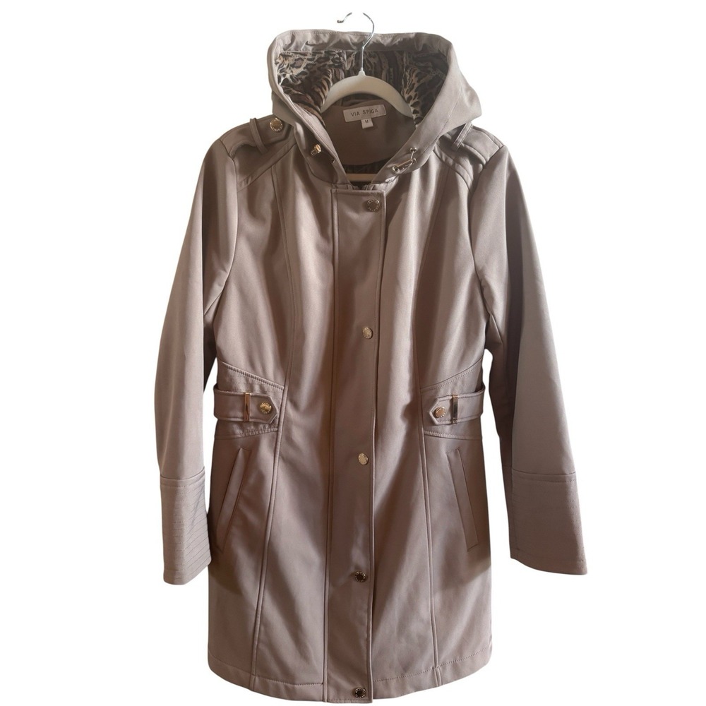 Via Spiga Camel Soft‎ Shell Medium Length Hooded Raincoat Ladies Leopard Lining